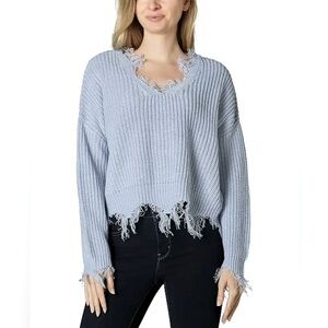Polly & Esther Baby Blue Destructed Cable Knit Cropped Lightweight Sweater M